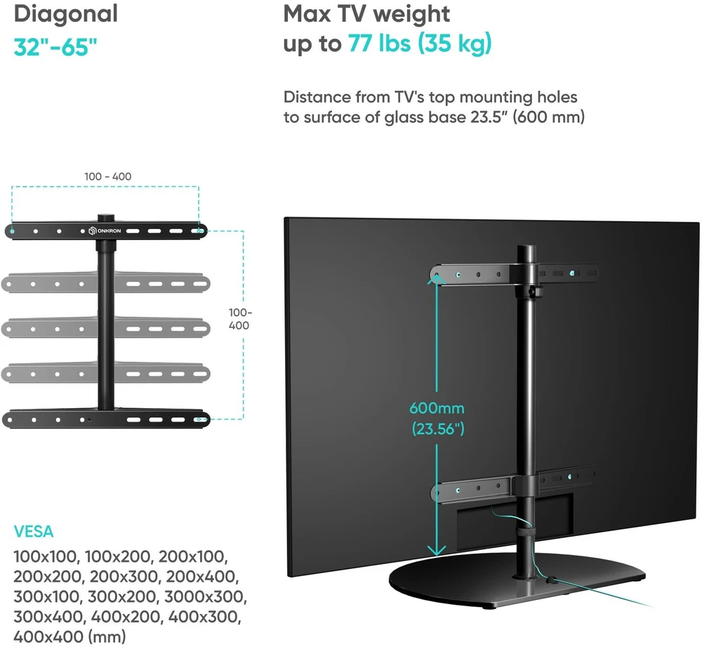 Laikiklis ONKRON televizoriaus stovas 32–65 colių ekranams iki 35 kg, VESA 100 × 100–400 × 400, PT2-B