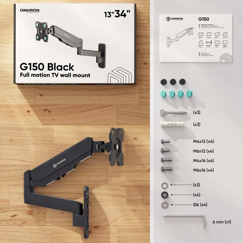 ONKRON sieninis laikiklis televizoriui ir monitoriui 13–34 col., iki 8kg, VESA 100 × 100, G150-B
