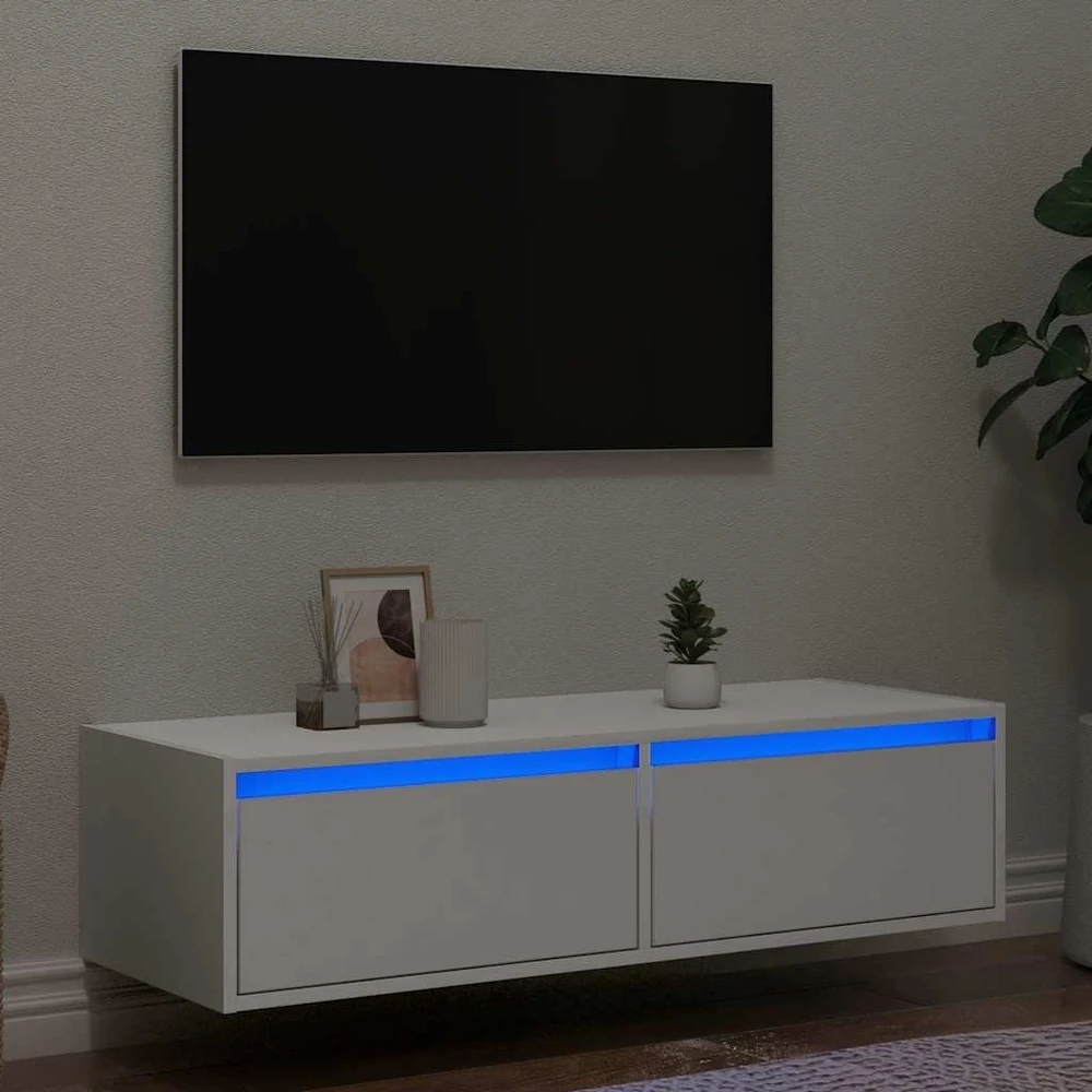 TV staliukas Televizoriaus spintelė su LED apšvietimu, balta, 100X35,5x25 cm
