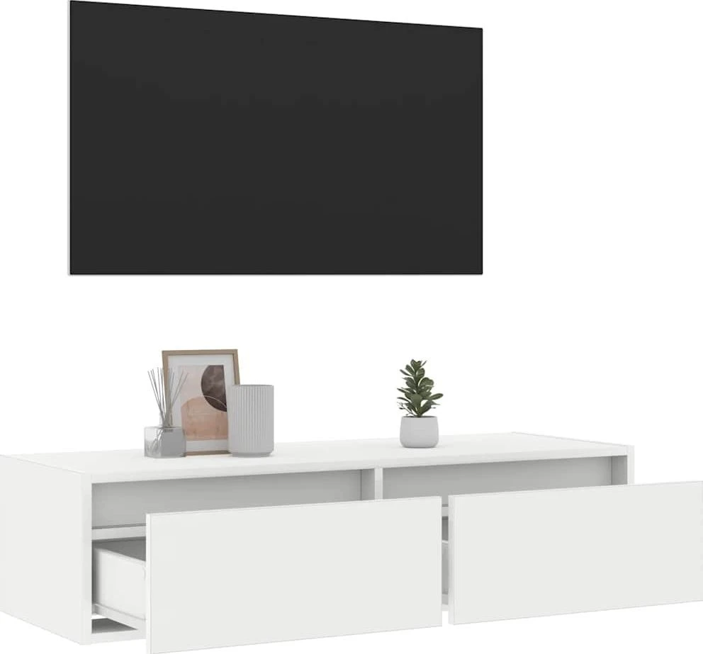 TV staliukas Televizoriaus spintelė su LED apšvietimu, balta, 100X35,5x25 cm