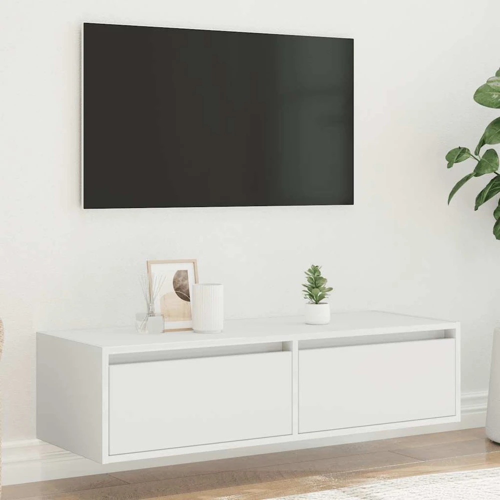 TV staliukas Televizoriaus spintelė su LED apšvietimu, balta, 100X35,5x25 cm