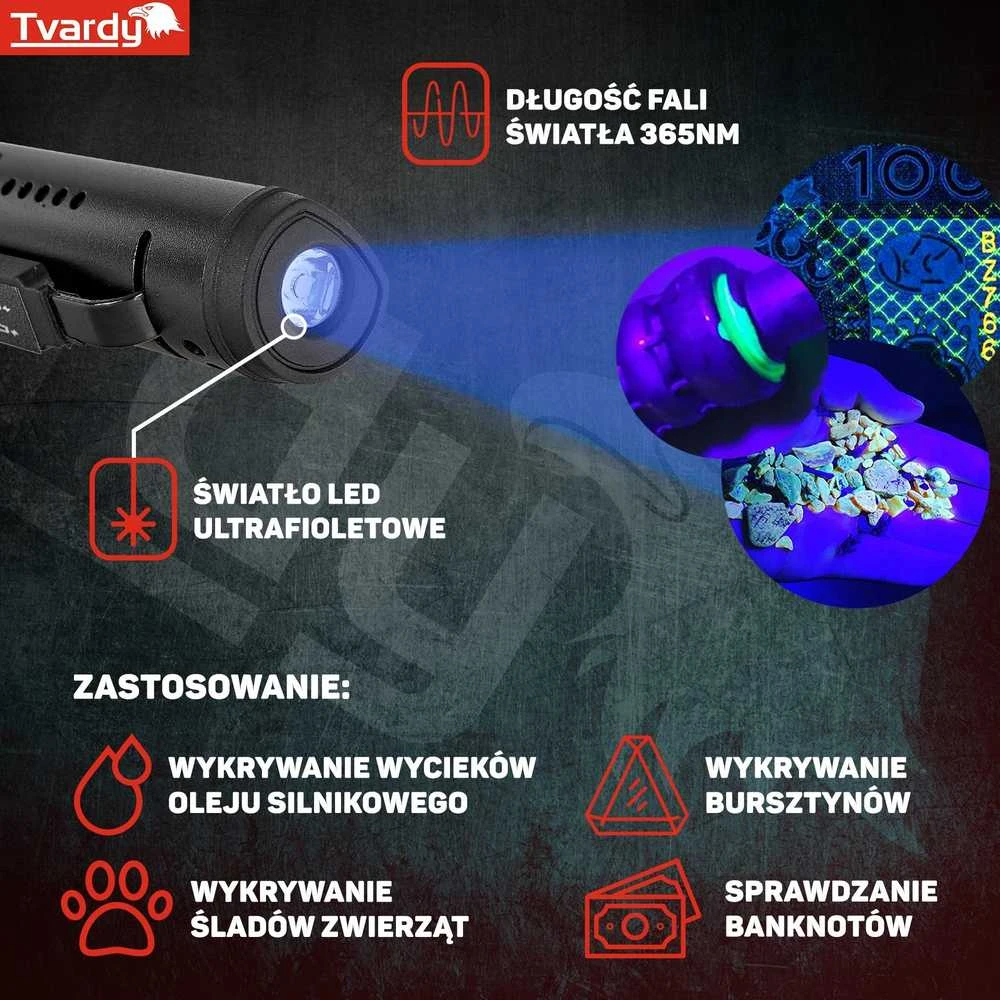 Tvardy Magnet LED COB tikrinimo dirbtuvių lempa 5W + 3W UV lazeris 800mAh 400lm IP44 (100)