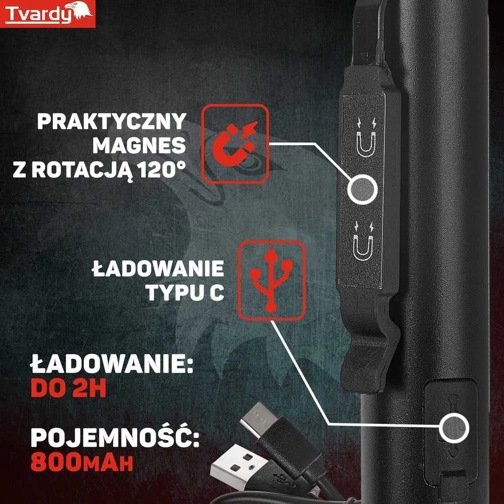 Tvardy Magnet LED COB tikrinimo dirbtuvių lempa 5W + 3W UV lazeris 800mAh 400lm IP44 (100)