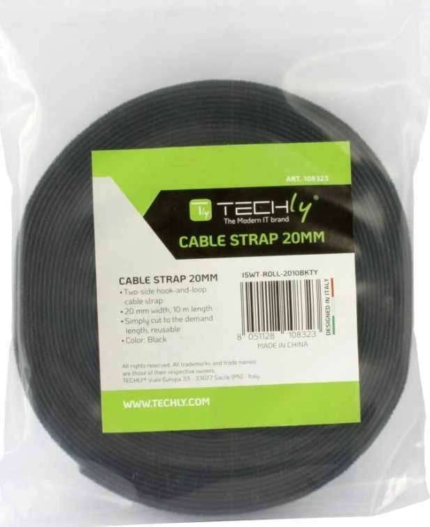 „Techly Strong“ kabelių raištelių organizatorius, lipni juosta su kilpelėmis, 10 m x 20 mm, pjaustoma, juoda