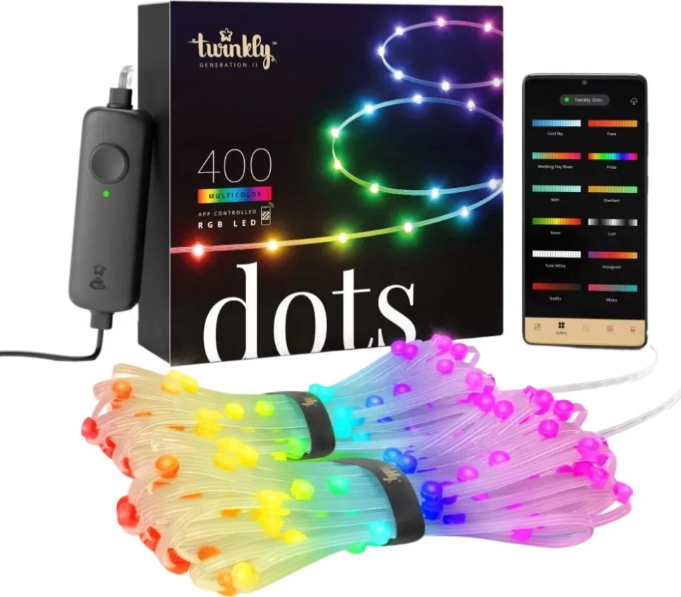Lubinis šviestuvas „Twinkly Dots“ išmaniosios LED lemputės, 400 RGB (daugiaspalvės), 20 m, permatomas RGB laidas, 16 mln.+ spalvų