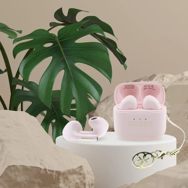 Ausinės TWS Guess Glossy Effect Printed Classic Logo & Charm rožinės spalvos