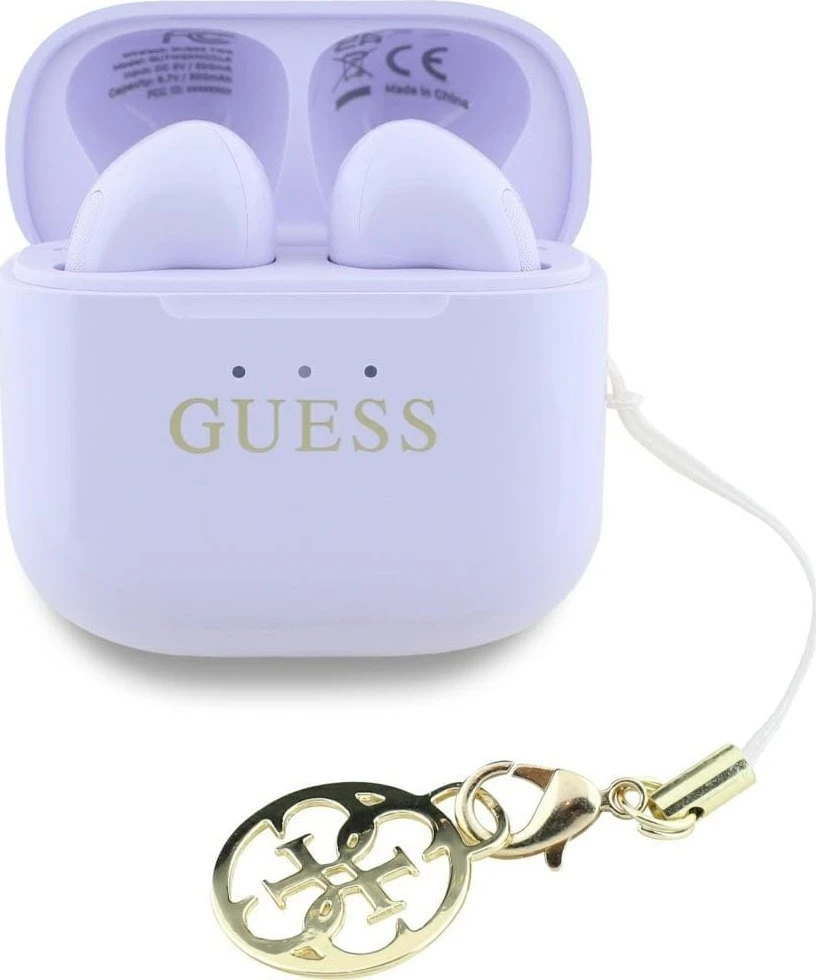 TWS ausinės Guess Glossy Effect Printed Classic Logo & Charm lavender