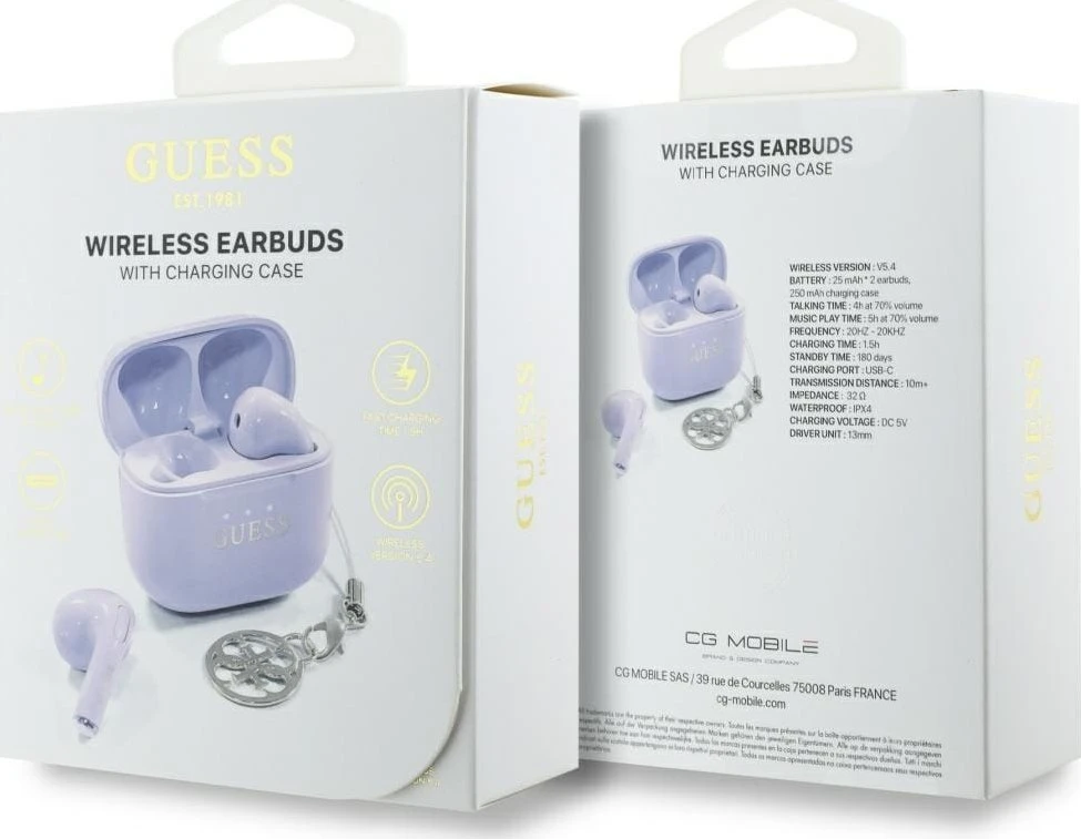 TWS ausinės Guess Glossy Effect Printed Classic Logo & Charm lavender