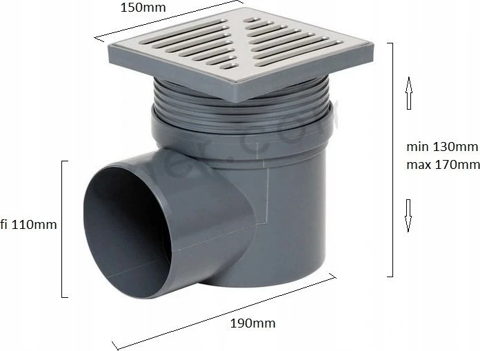 Tycner sifonas Reguliuojamas vonios nutekėjimas su išimtimi šonas 110 mm, nerūdijančio plieno grotelės 150x150 mm [1/20]