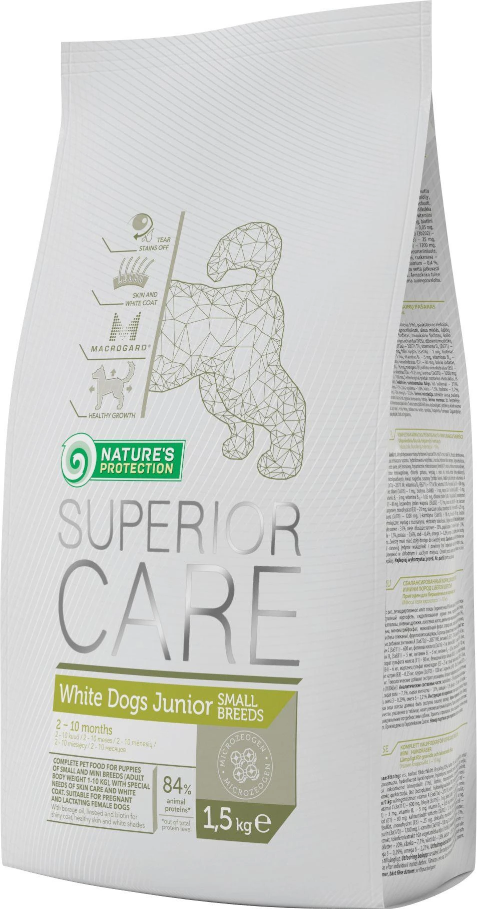 Nature's Protection Superior Care Baltas Dogs begrūdis su balta žuvimi Junior Small and Mini Breeds 10 kg, mažų ir labai mažų veislių balto kailio jaunų šunų sausas begrūdis pašaras su balta žuvimi