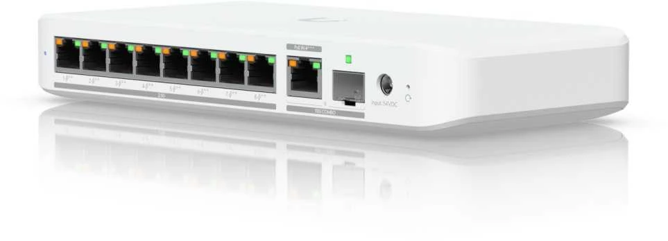 Šakotuvas UBIQUITI FLEX 2.5G LANKSTUSIS, 8 PRIESTŲ 2.5 GBE JUNGIKLIS SU 10 GBE RJ45/SFP+ KOMBINUOTU UPLINK PRIEDAS, GALIMA MAITINTI SU USB-C ARBA POE+ ADAPTERIU
