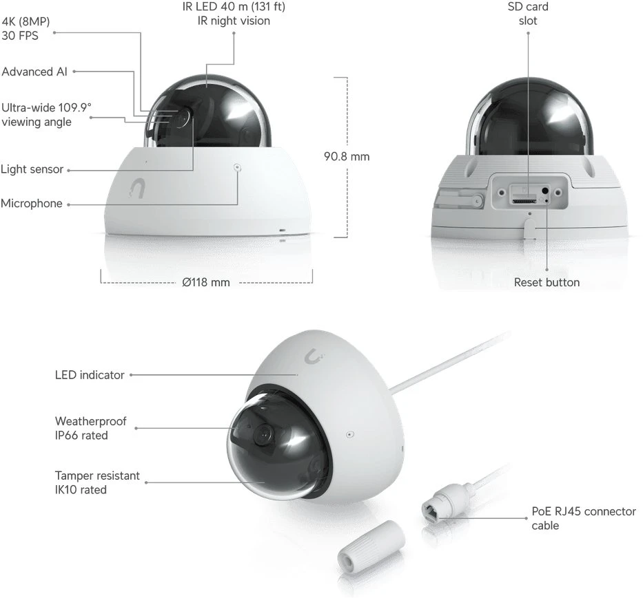 Ubiquiti AI Dome Skliautas IP apsaugos kamera Vidaus ir lauko 3840 x 2160 pikseliai Lubos / siena