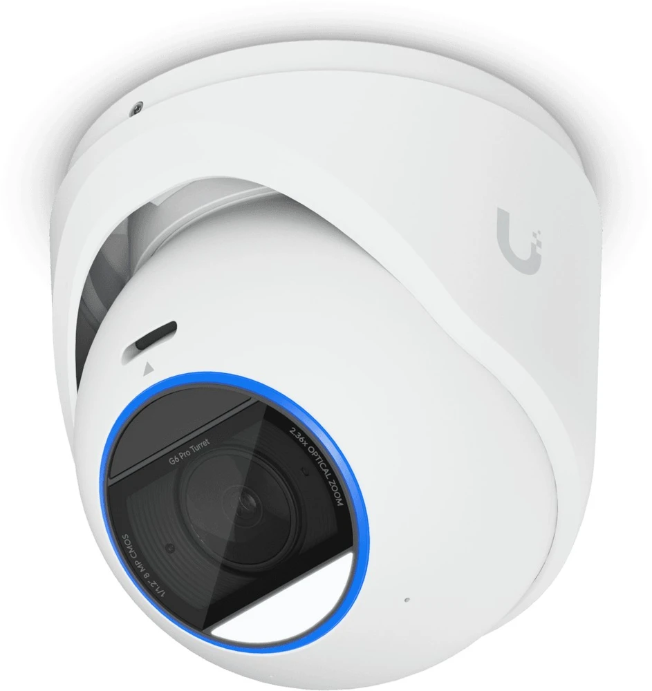 Ubiquiti UVC-G6-Pro-Turret-W Visoms oro sąlygoms atspari 4K PoE+ kamera su „Multi-TOPS“ dirbtinio intelekto varikliu, 2,36 karto optiniu priartinimu ir dideliu 1/1,2 colio CMOS jutikliu, užtikrinančiu išskirtinį aiškumą esant prastam apšvietimui ir didelio nuotolio IR naktinį matymą.