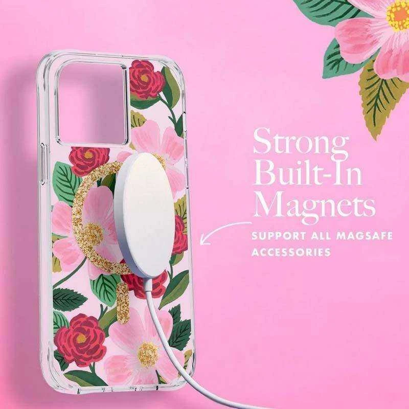 Rifle Paper Clear MagSafe - dėklas, dekoruotas auksiniu raštu, skirtas Apple iPhone 14 Pro Max Rose Garden