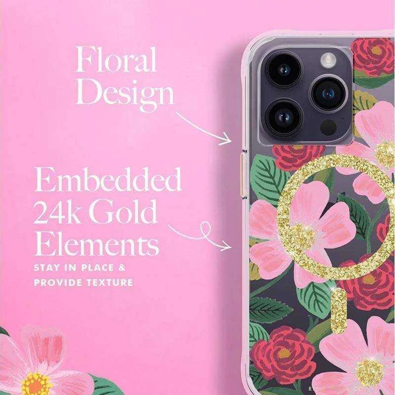 Dėklas Rifle Paper Clear MagSafe - Case decorated in auksinis for Apple iPhone 14 Pro Rose Garden