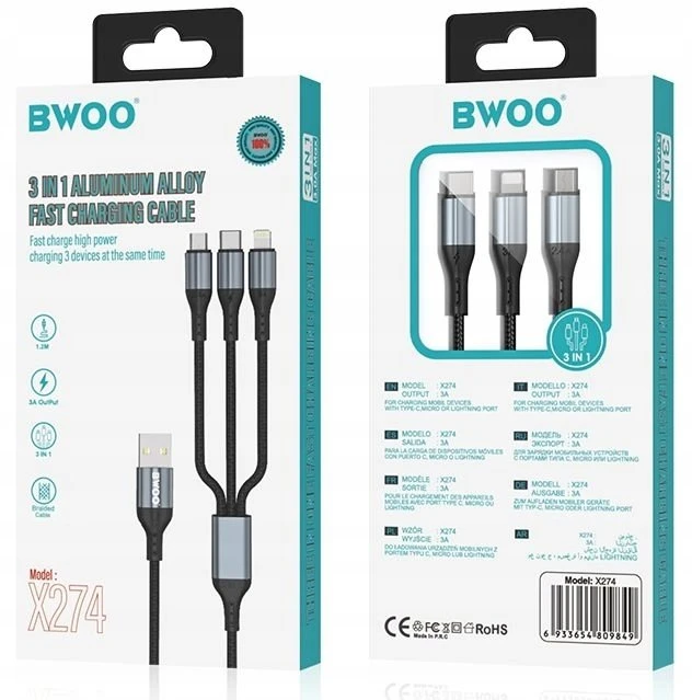 BWOO greitas 3 in 1 USB 3A įkrovimo kabelis X274