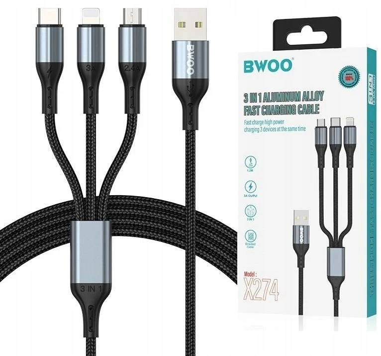 BWOO greitas 3 in 1 USB 3A įkrovimo kabelis X274