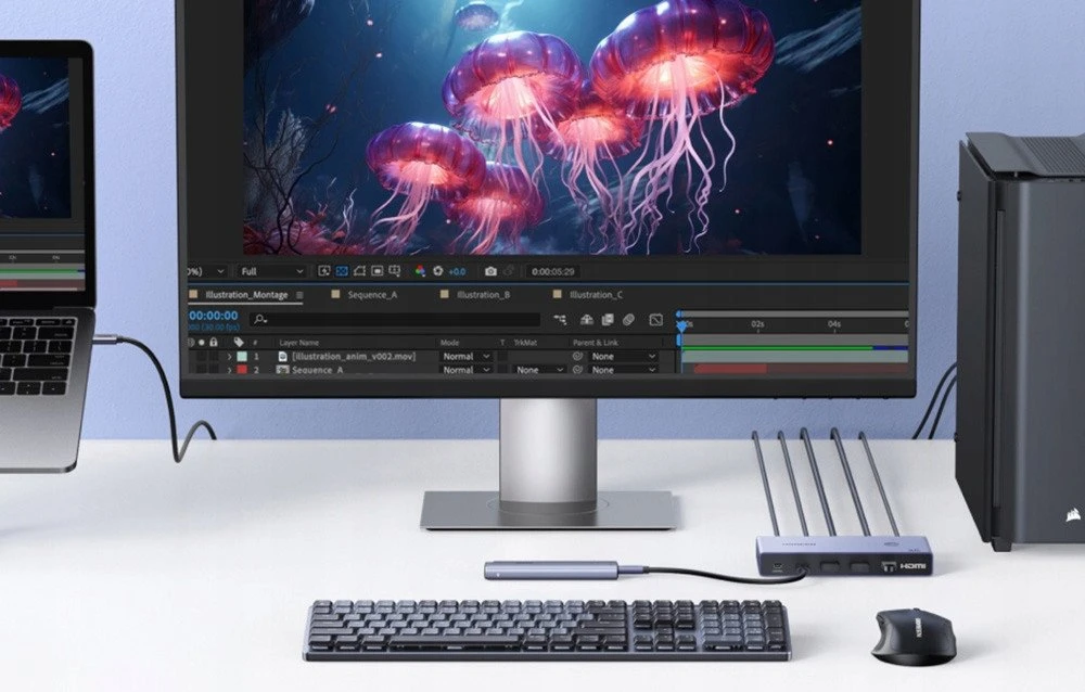 Ausinės „Ugreen“ USB-C + HDMI 4K 60Hz 2 viename KVM jungiklis – rutulinis