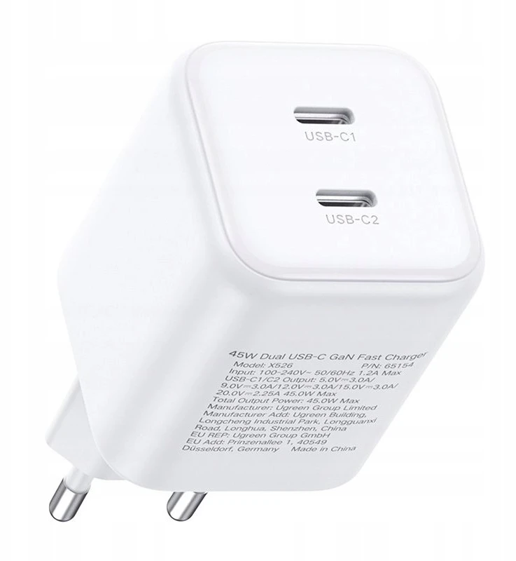 Įkroviklis Ugreen GaN 45W 2xUSB-C - balta
