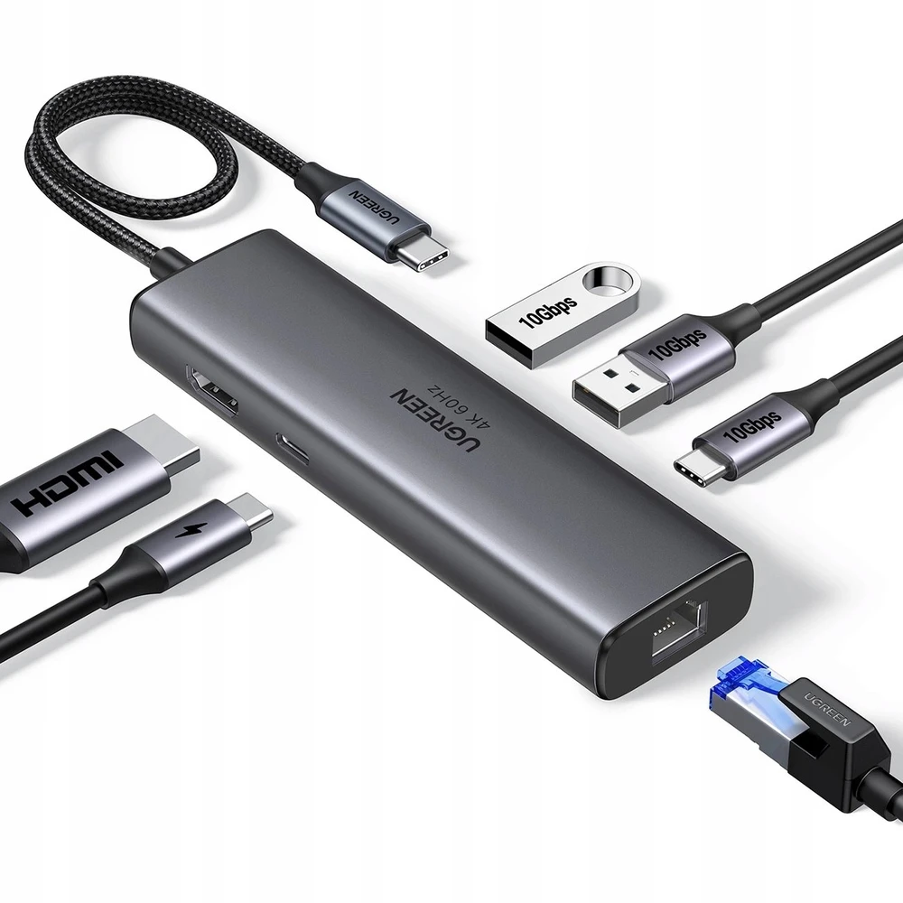 Adapteriai / šakotuvas USB-C 6w1 Ugreen CM512, HDMI 4K@60Hz, 2x USB, RJ45, PD 100W