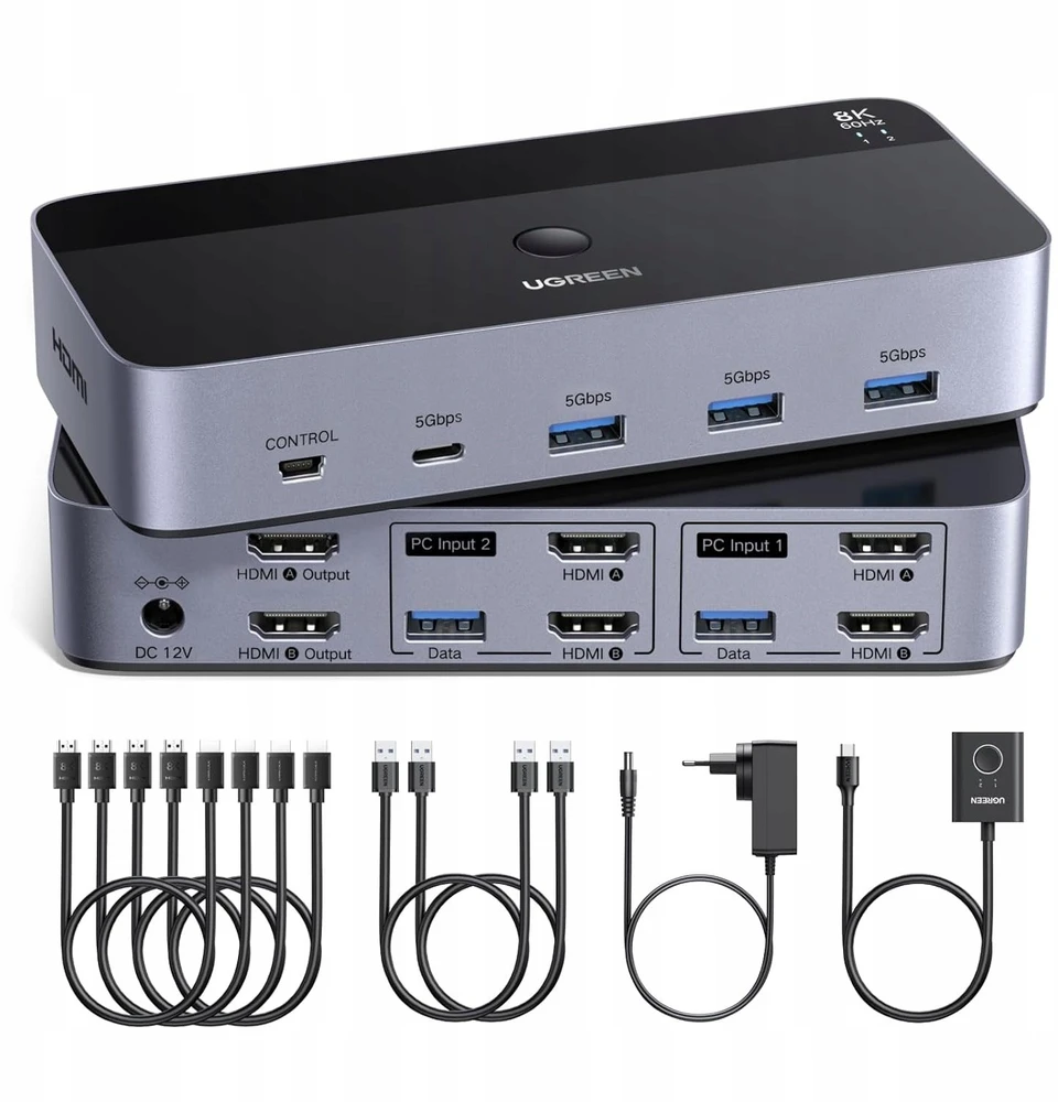 Ugreen 8K@60Hz HDMI KVM komutatorius (2 PC <-> 2 monitoriai + 4 įrenginiai)