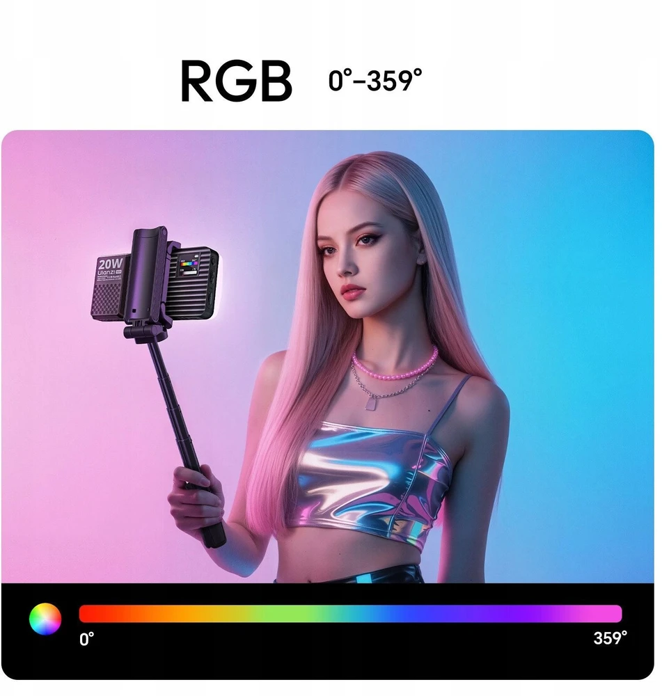 Ulanzi 20 W RGB LED lempa telefono kamerai / vaizdo kamerai, 1800–9000 K / 95 A, K20RGB