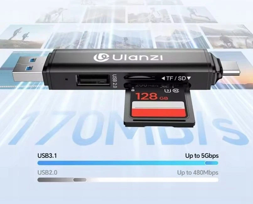 „Ulanzi Ulanzi CR1“ skaitytuvas 3in1 kortelių skaitytuvas USB 3.0 / USB-C SD Tf MicroSD / 150–200 Mb/s / CR1 / SKU:x117