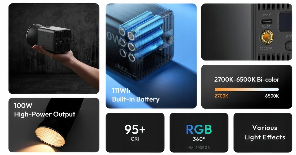 Ulanzi LED lemputė Ulanzi ML100 – RGB, WB (2700 K–6500 K)