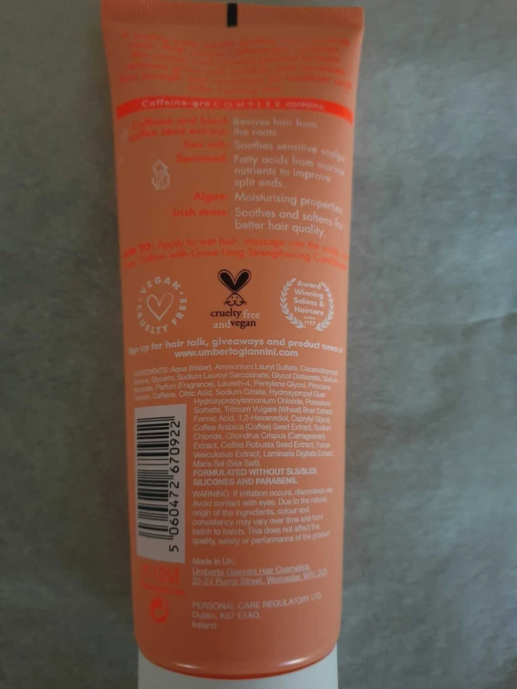 Umberto Giannini Grow Long veganiškas ir nebandytas su gyvūnais plaukų šampūnas, skatinantis augimą ir maitinantis, 250 ml