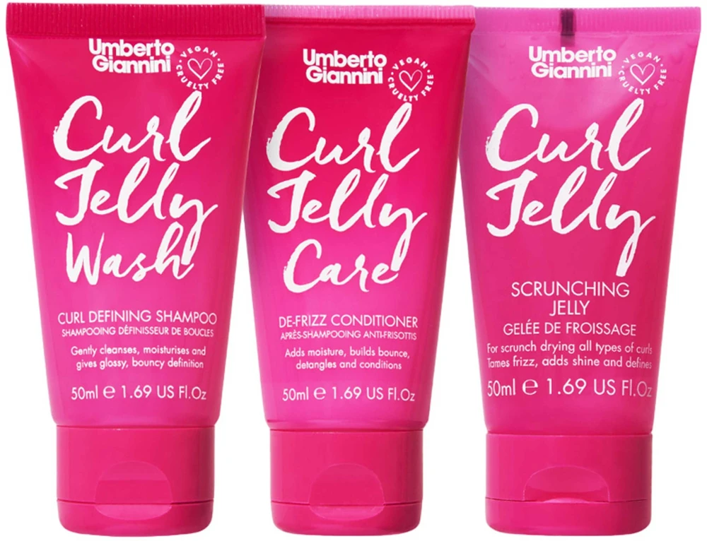 Set Umberto Giannini: Curl Jelly plaukų modeliavimo gelis garbanų apibrėžimui ir pūkų kontrolei, vidutinio fiksavimo, 50 ml + Curl Jelly plaukų šampūnas garbanoms apibrėžti, 50 ml + Curl Jelly plaukų kondicionierius garbanoms apibrėžti, 50 ml