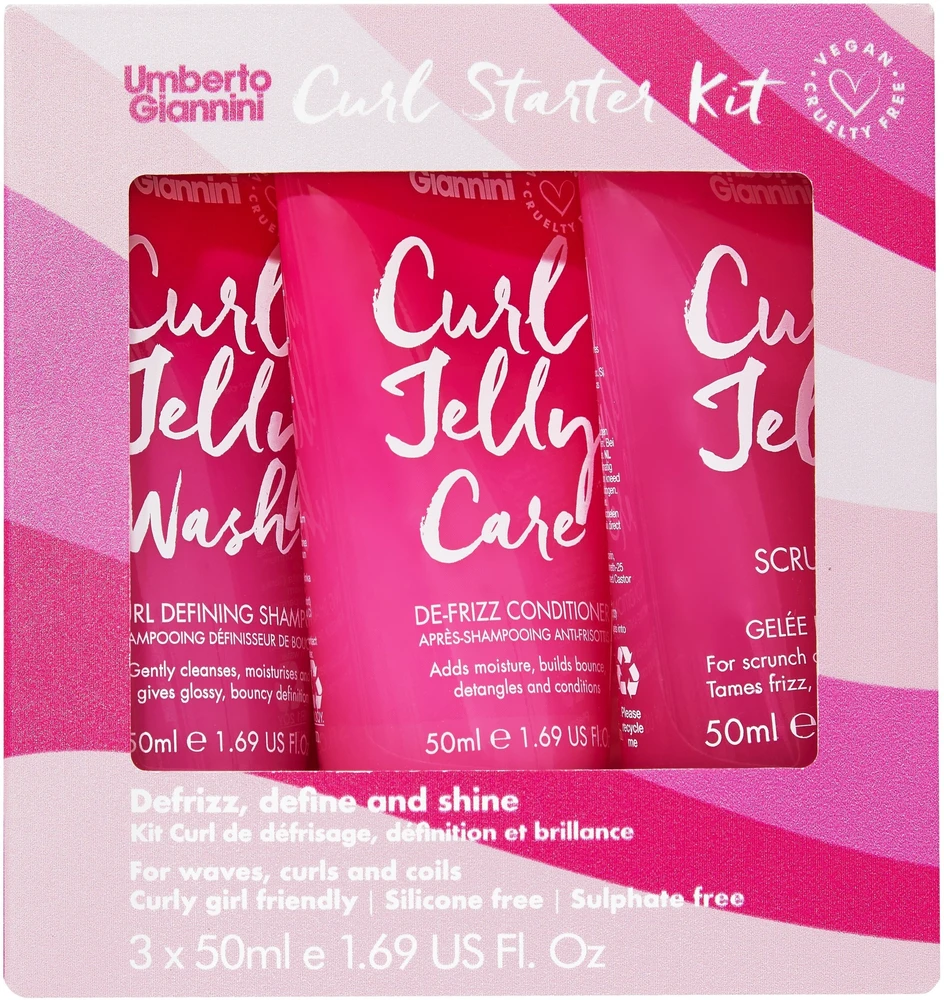 Set Umberto Giannini: Curl Jelly plaukų modeliavimo gelis garbanų apibrėžimui ir pūkų kontrolei, vidutinio fiksavimo, 50 ml + Curl Jelly plaukų šampūnas garbanoms apibrėžti, 50 ml + Curl Jelly plaukų kondicionierius garbanoms apibrėžti, 50 ml