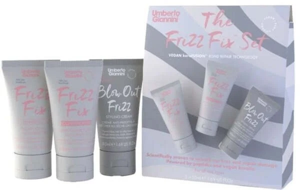 Umberto Giannini rinkinys: Frizz Fix plaukų šampūnas minkštinantis ir glotninantis bei atkuriantis, 50 ml + Frizz Fix plaukų kondicionierius minkštinantis ir glotninantis bei atkuriantis, 50 ml + Blow Out Frizz plaukų stiliaus kremas, 40 ml
