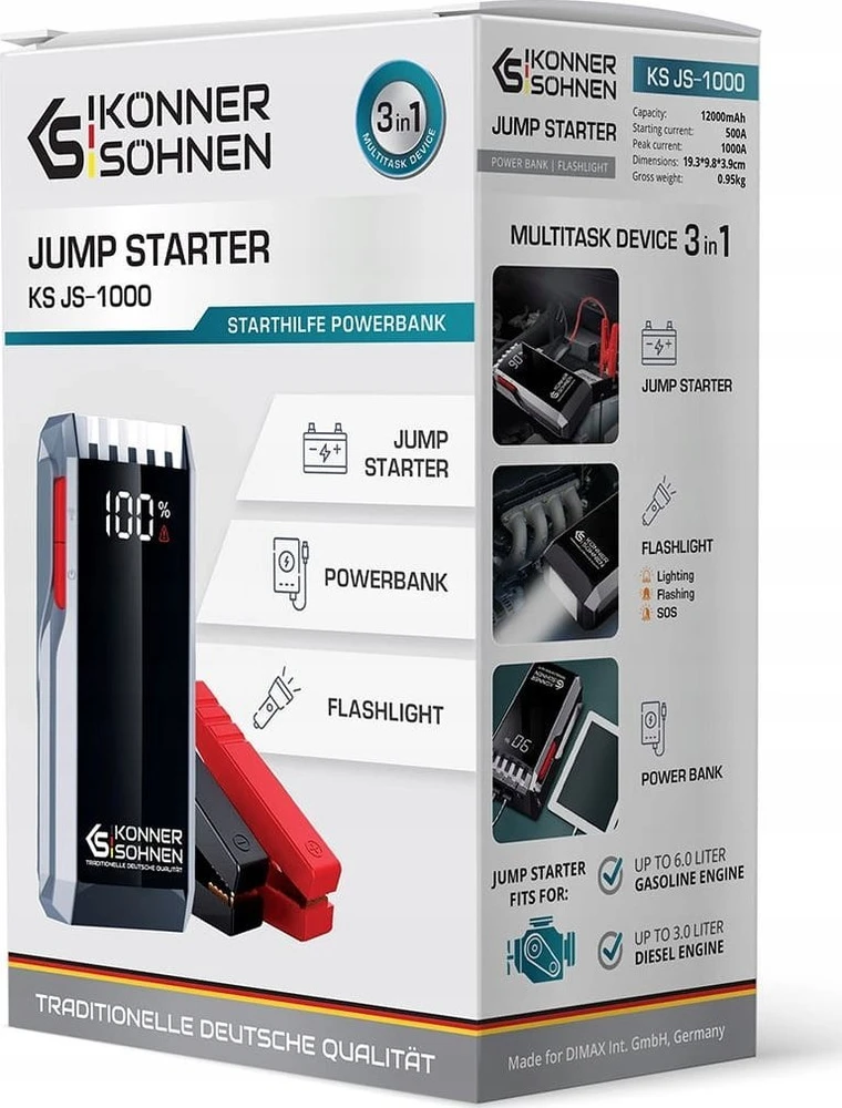 KÖNNER & SÖHNEN Paleidėjas starteris power bank 1000A, 12Ah, KS JS-1000