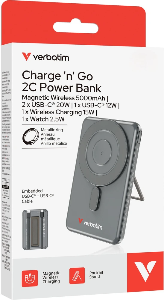 „Verbatim Charge ‘n’ Go 2C“ magnetinė belaidė išorinė baterija su stovu, 5000 mAh, 2 × USB-C, pilka