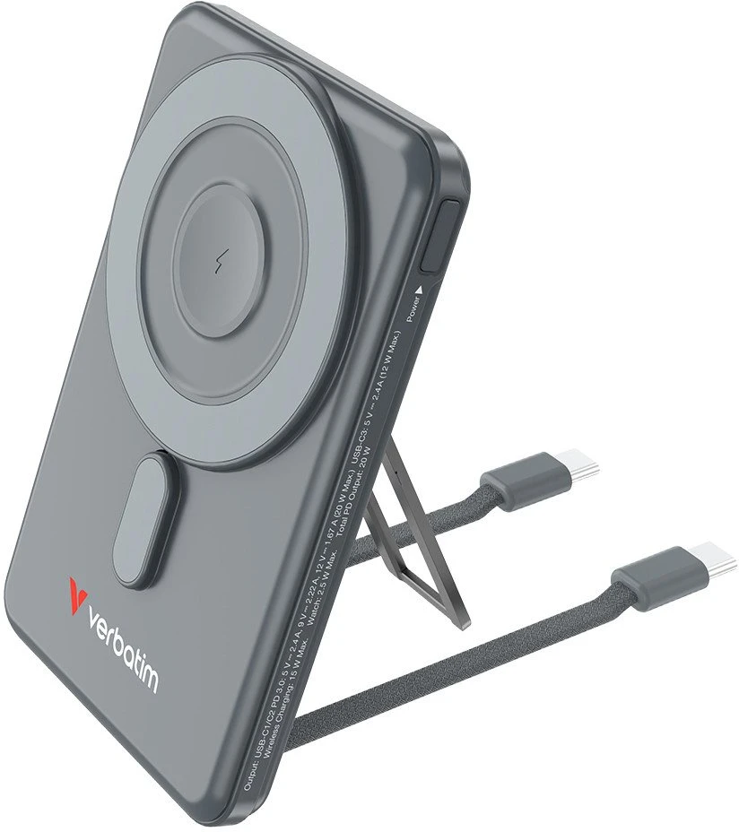 „Verbatim Charge ‘n’ Go 2C“ magnetinė belaidė išorinė baterija su stovu, 5000 mAh, 2 × USB-C, pilka