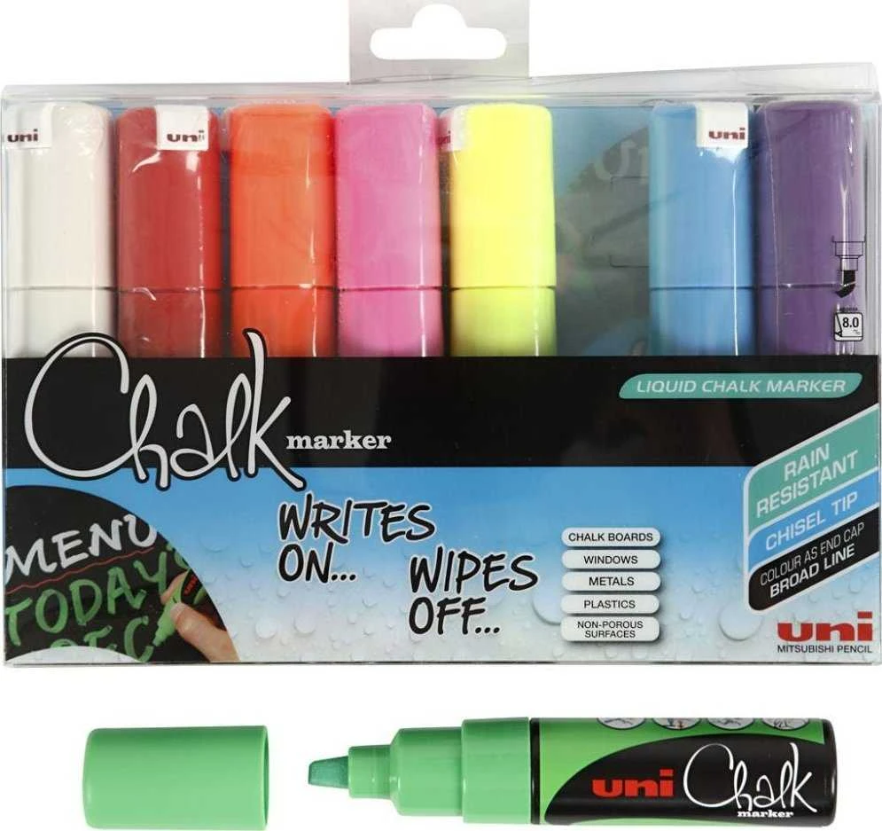 Uni Mitsubishi Pencil UNI-BALL Kridtmarker Uni-ball, skrå, etui a 8 farver