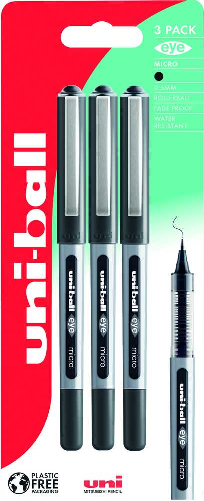 UNIBALL Uni-ball eye 150 3 vnt. juodų rutulinių rašiklių, linijos plotis 0,2 mm, mikro