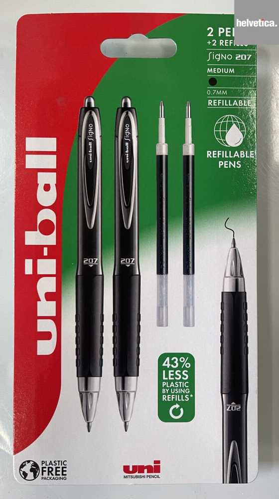 UNIBALL Uni-ball Signo 207 ploni 2 juodi rutuliniai rašikliai + 2 šerdelės. Patogi guminė rankena, linijos plotis 0,5 mm.