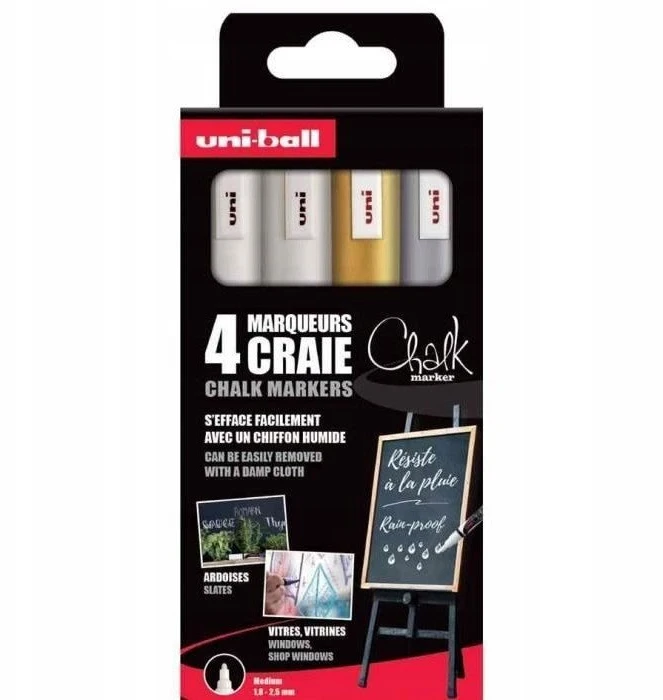 UNIBALL Uni Chalk marker sæt 4 stk PWE 5 ( 2xwhite, auksinis, sidabrinis)