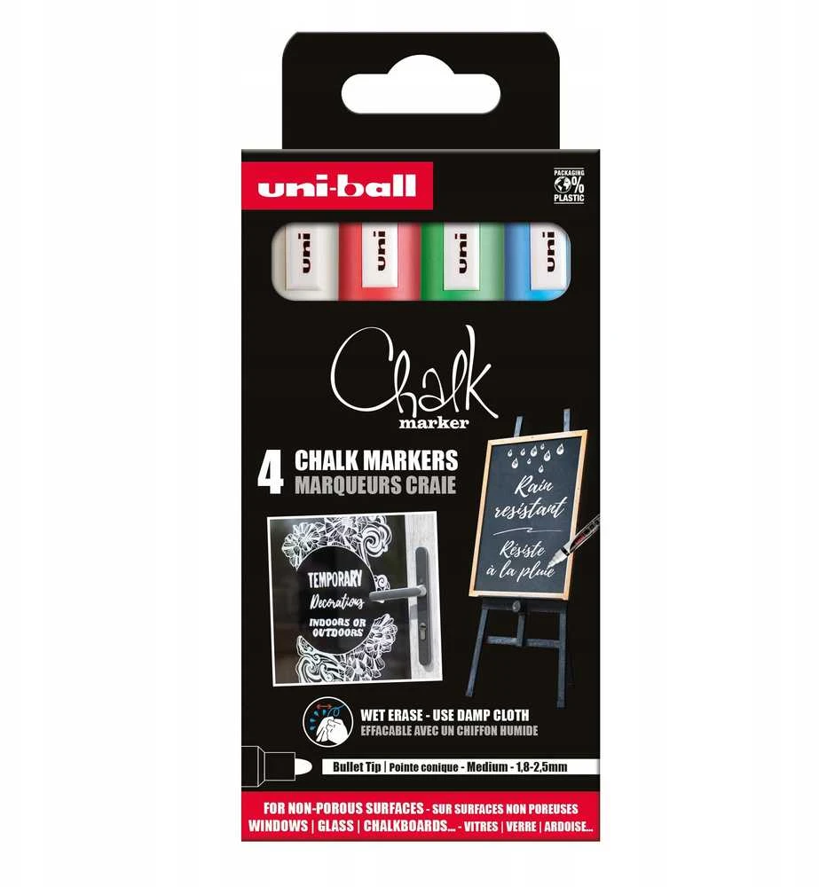 UNI-BALL Uni Chalk marker komplektas 4 vnt. PWE5 ( baltas, red, žalias, mėlynas)