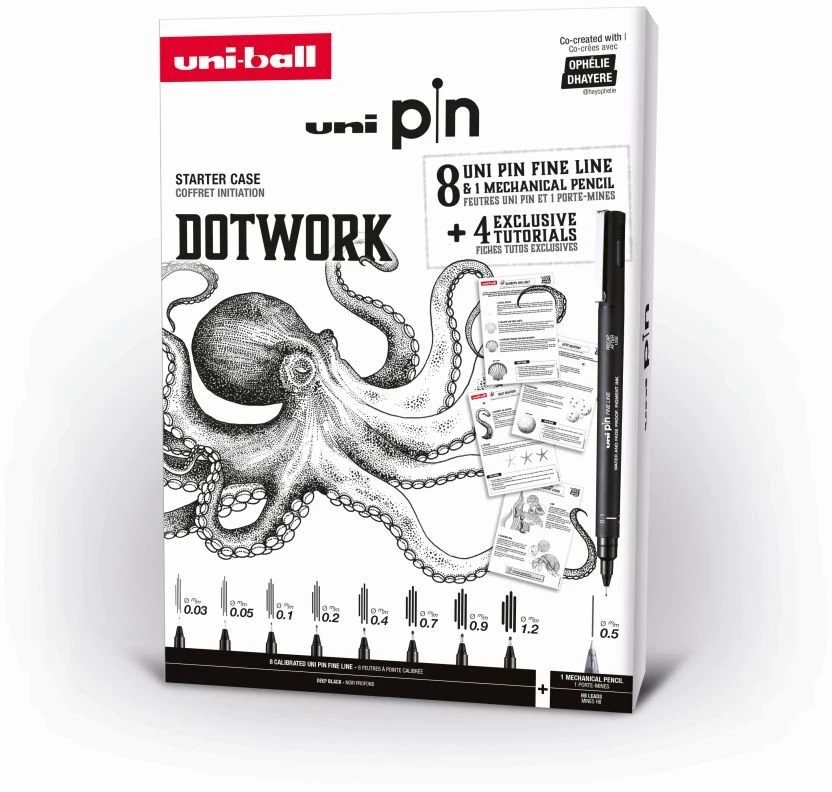UNIBALL Uni Pin Dotwork Box – dovanų dėžutė su pratimais (sudėtyje 8x uni pin + 1 pieštukas 0,5 mm)
