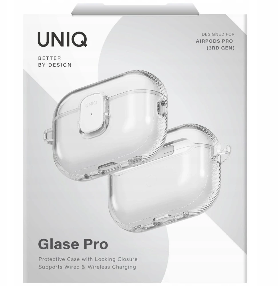 „Uniq Glase Pro“ dėklas, skirtas „AirPods Pro 3“ – su užraktu – permatomas