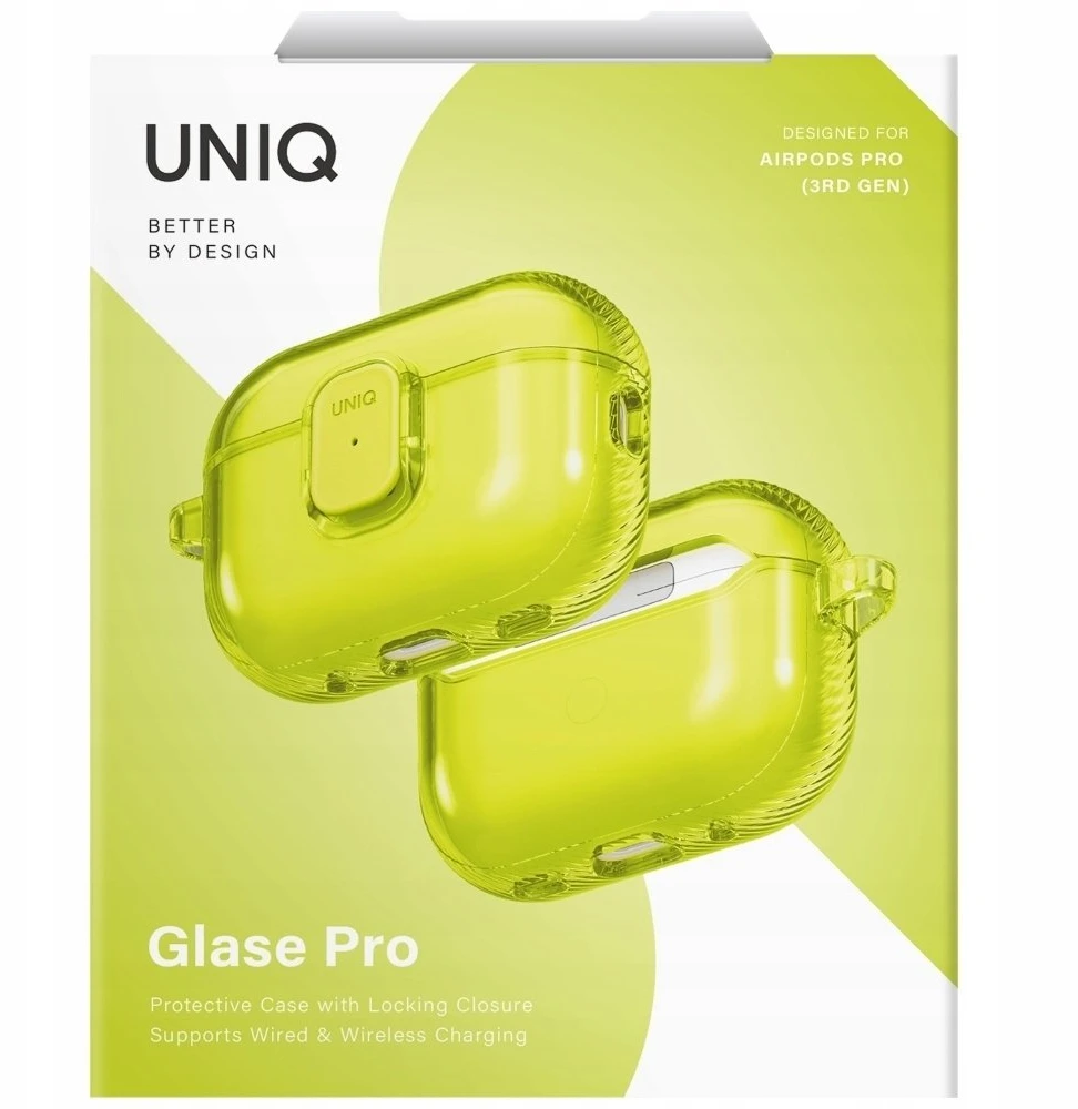 „Uniq Glase Pro“ dėklas, skirtas „AirPods Pro 3“ ausinėms, su užraktu – permatomas, geltonas