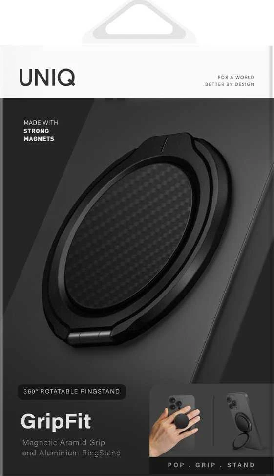 UNIQ Gripfit Premium 360 magnetinis laikiklis ir atramėlė; magnetinis laikiklis anglies pluošto juodos spalvos