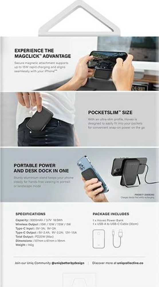 Powerbank Uniq Hoveo magnetinis 5000mAh USB-C 20W PD - rožinis