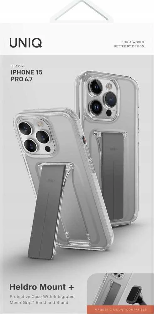 UNIQ dėklas Heldro Mount with Stand Apple iPhone 15 Pro Max 6.7″ skaidrus/lucent clear