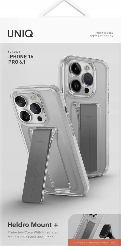 Dėklas UNIQ Heldro laikiklis su stovu Apple iPhone 15 Pro 6.1" skaidrus/lucent skaidrus
