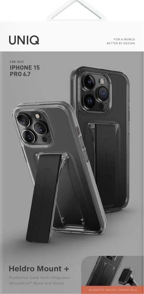 UNIQ Heldro Mount dėklas su stovu Apple iPhone 15 Pro Max 6.7" dūmų dūmų