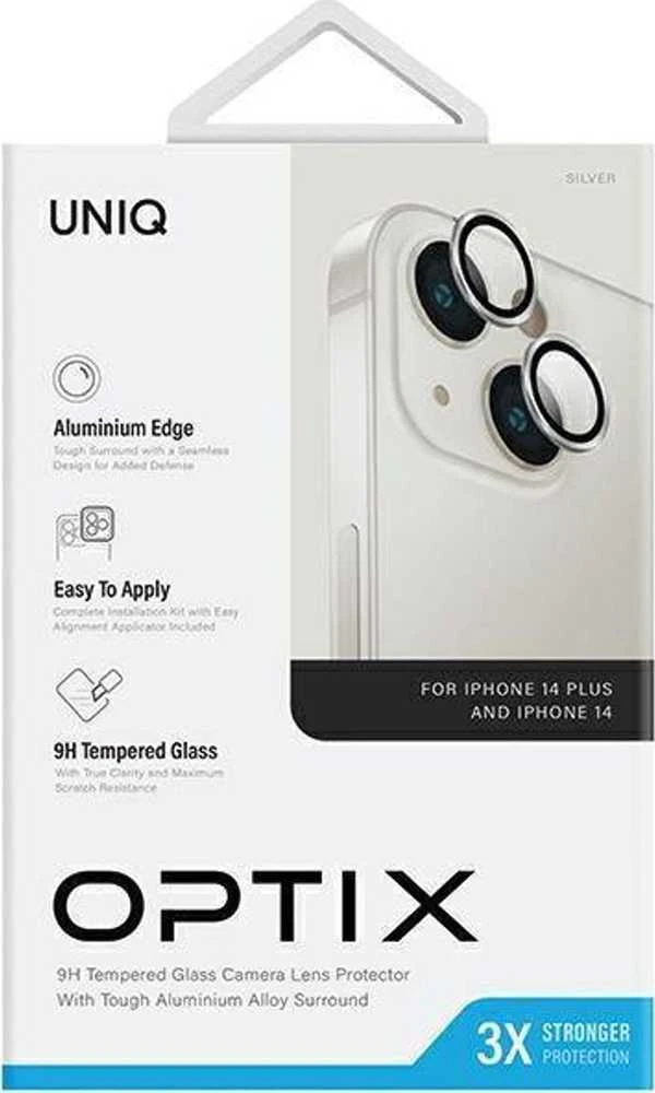 UNIQ Optix aliuminio kameros objektyvo apsauga Apple iPhone 14 6.1" / 14 Plus 6.7" su sidabriniu stikliuku