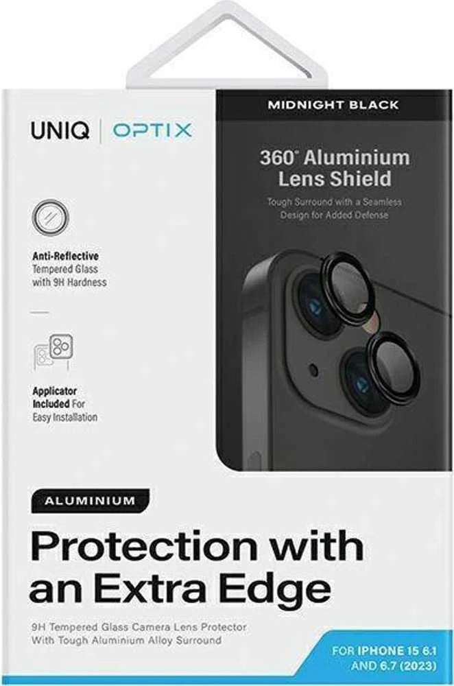 UNIQ Optix aliuminio kameros objektyvo apsauga Apple iPhone 15 6.1" /15 Plus 6.7" vidurnakčio juodas stiklinis skirtukas abu